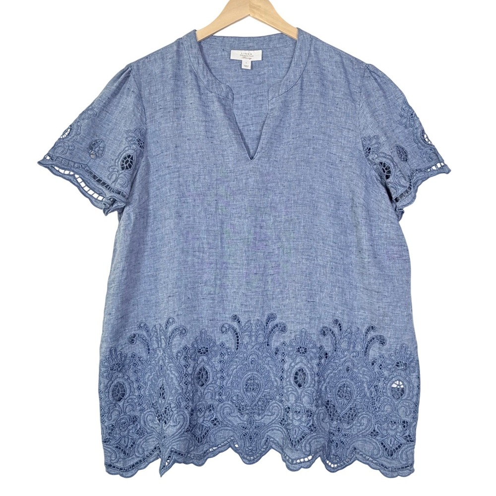 Charter Club Womens Size Large Blue Linen Embroidered Blouse Scalloped Hem‎